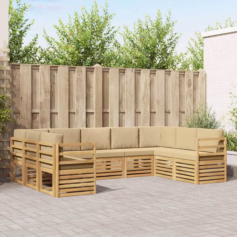 Set di divani da esterno a L vidaXL in legno di acacia con cuscini, Bianco, Beige e Marrone