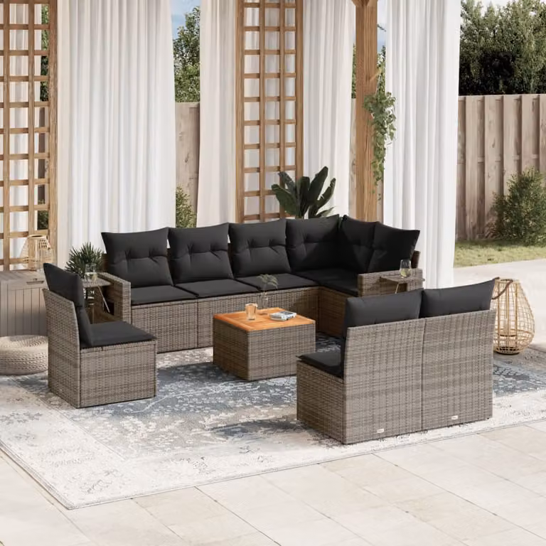 vidaXL Set Divano da Giardino 9 pz a L in Polyrattan Grigio con Cuscini e Tavolino