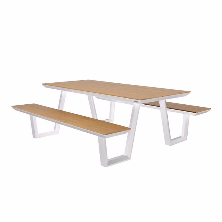 AXI Nori Tavolo da Picnic in Teak e Bianco per 6 persone | Tavolo da Picnic / Tavolo da Picnic / Panca da Picnic per adulti in alluminio e polipropilene | 200 x 190 cm