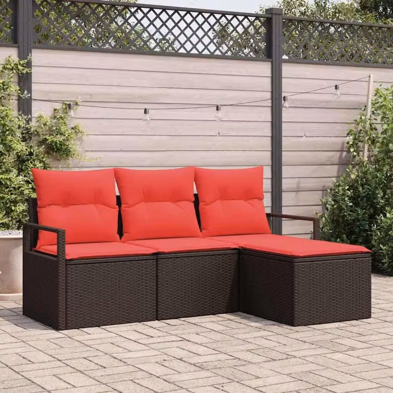 Maison Exclusive - Set di divani da salotto, 4 pezzi, color marrone e rosso, in rattan sintetico