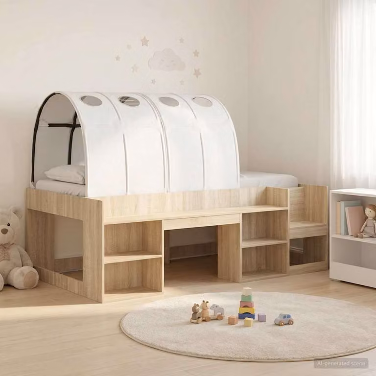 Set di 3 pezzi Letto per bambini con tunnel e scaffale vidaXL in MDF, Colore Rovere e Bianco, L: 120 cm x P: 65 cm x H: 108,5 cm (altezza materasso 203 cm)