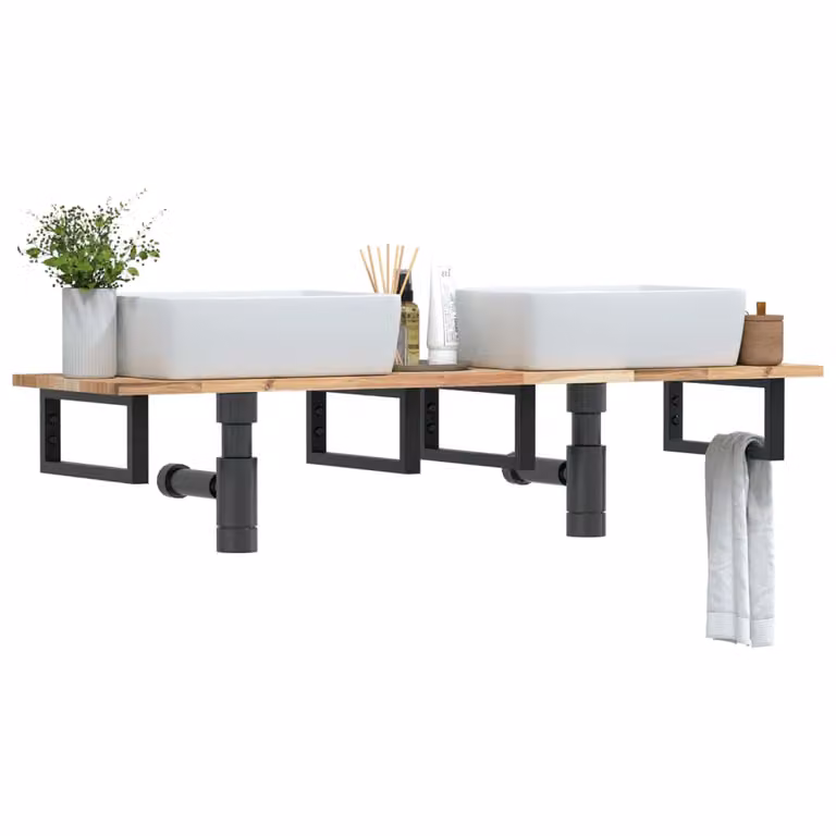 vidaXL Ripiano a Parete per Lavabo in Accacia e Acciaio, Nero e Marrone, L: 40 cm, P: 17 cm, H: 40 cm