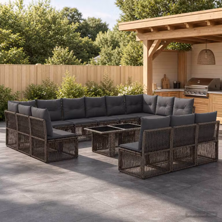 Set Divano da Giardino vidaXL 14 pz in Polyrattan Grigio con Cuscini e Tavolino da Caffè