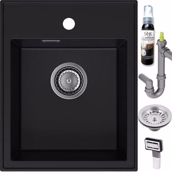 Ibenzoa® Lavello in granito da incasso, nero, 40 x 50 cm – Vasca 35 x 34 x 18,5 cm, trattato, sifone in PP salvaspazio con componenti in acciaio inossidabile, inclusi accessori per il montaggio