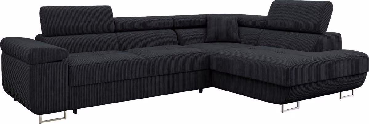 MIRJAN24 Divano angolare Torezio Cord, Elegante divano angolare con box letto e funzione notte, Poggiatesta regolabili, 274x203x70-90 cm (Colore: Poso 135, Lato: Destro)