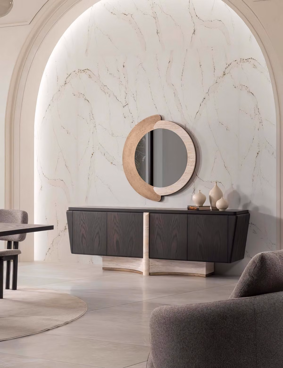 Set contenitore laterale, specchio da parete, design moderno, colore nero, elegante, lussuoso, mobiletto