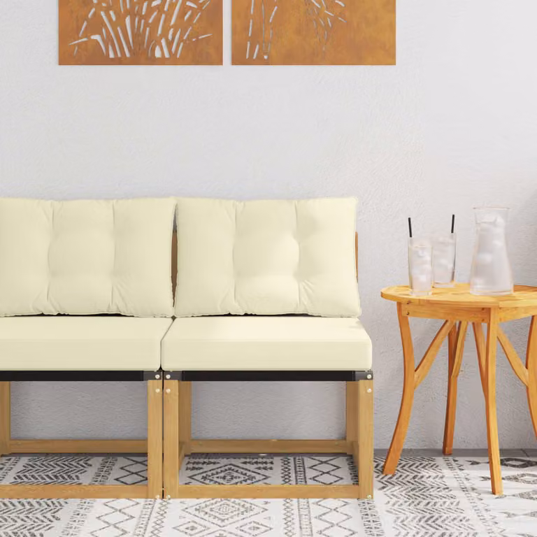 Divano centrale da esterno vidaXL in legno di acacia con cuscini in tessuto beige e bianco