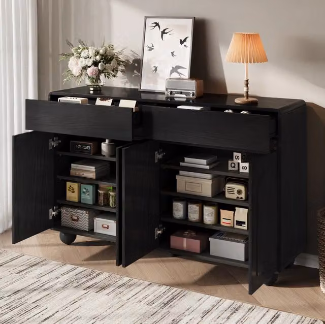 Credenza sideboard con porte ad arco; 140 x 38 x 89 cm; in PB e MDF nero