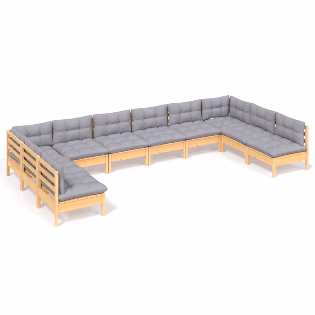 Set Divani da Giardino 10 pz con Cuscini Grigi Massello di Pino