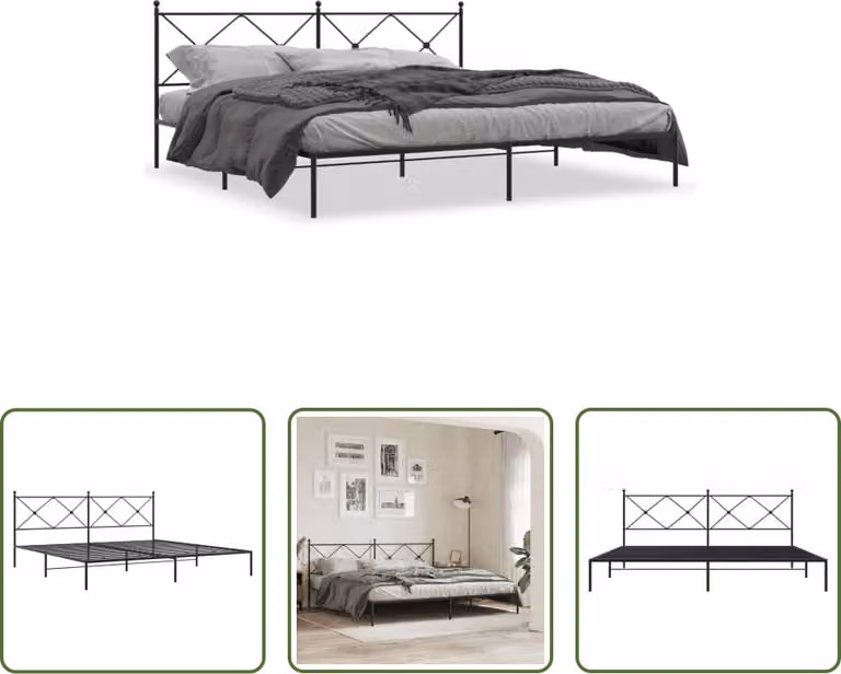 The Living Store Struttura letto con testiera in metallo nero 200x200 cm