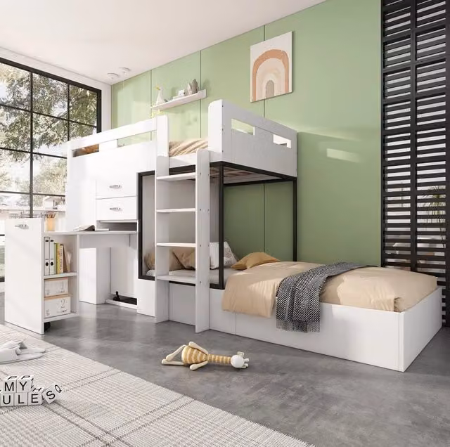 Letto a castello per bambini 90x200 cm con scrivania estraibile, armadio e cassetti