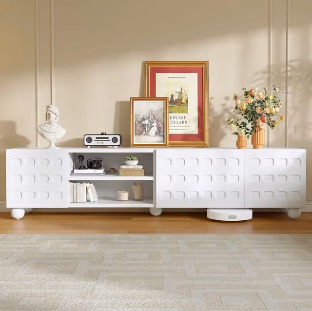 Mobile TV bianco 200x40x44 cm con 3 ante decorate e 5 piedi, per TV fino a 80 pollici