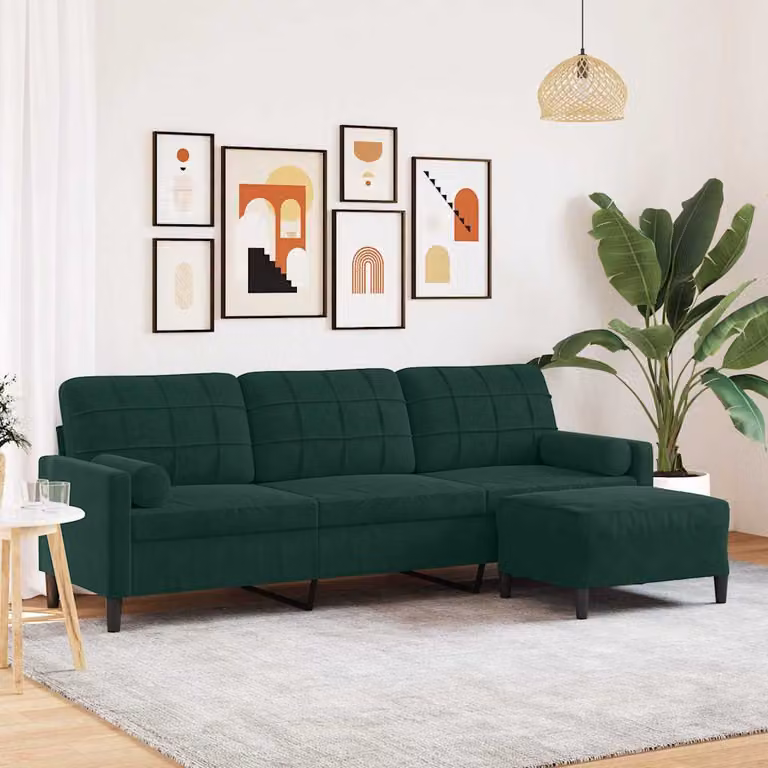 vidaXL Divano a 3 Posti con Poggiapiedi in Velluto Verde, Design Moderno e Lineare con Struttura in Metallo e Legno, L: 226 cm x P: 80 cm x H: 77 cm