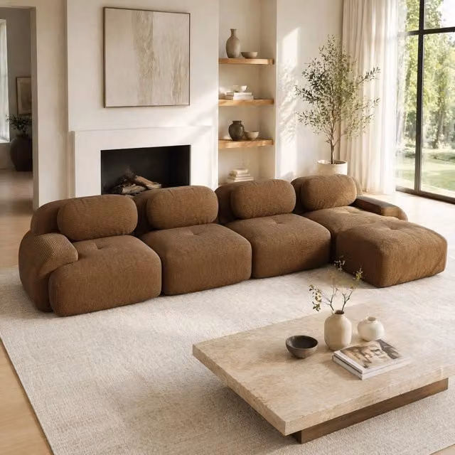 Divano angolare 388x178x70 cm in tessuto marrone, con chaise longue, per spazi piccoli –