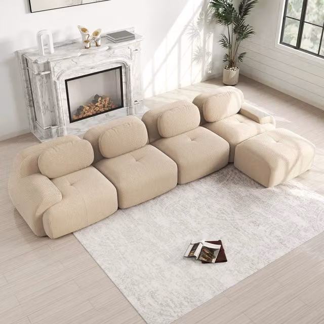 Divano angolare modulare 4 posti senza montaggio con schienale ergonomico e braccioli curvi in velluto a coste beige