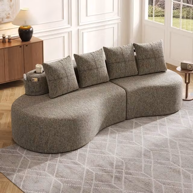 Divano in tessuto con 4 cuscini ¨C Minimal ¨C colore tortora, gambe in legno