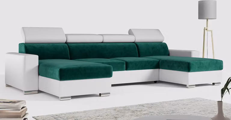 Divano angolare MKS MEBLE con funzione letto e contenitore, divano a forma di "U", divano con funzione letto - modello FOX-U - verde scuro/bianco