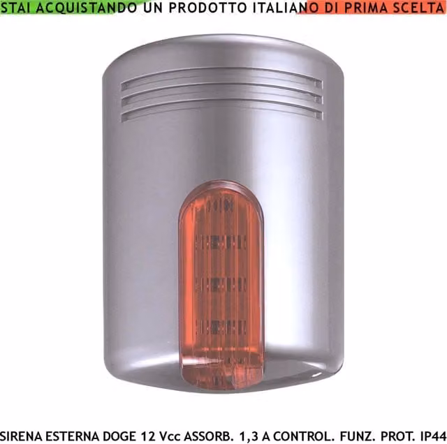 Sirena Antifurto Venitem Doge con 4 Melodie Selezionabili, Frequenza 900/1625 Hz, Alimentazione Filare 12 Vcc, Colore Argento, Grado 3 IMQ EN50131-4:2009