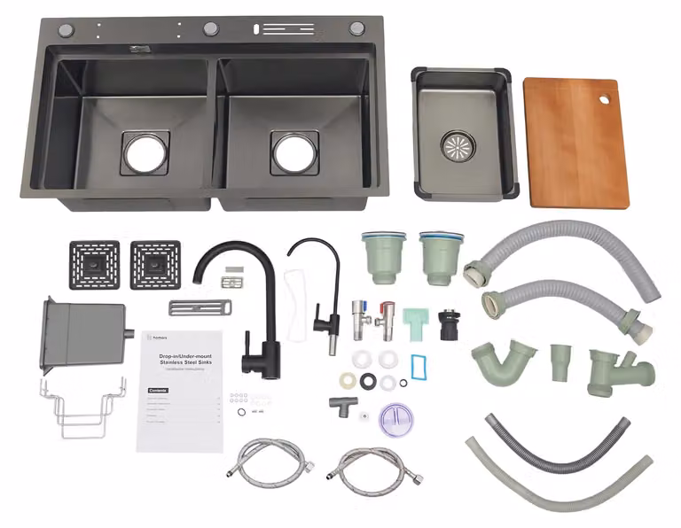 Lavello da cucina - Doppia vasca - Set One - Con miscelatore per cucina - Acciaio inossidabile con rivestimento nano-tecnologico - Due fori - Rettangolare - Adatto per installazione sotto piano, a incasso o da appoggio