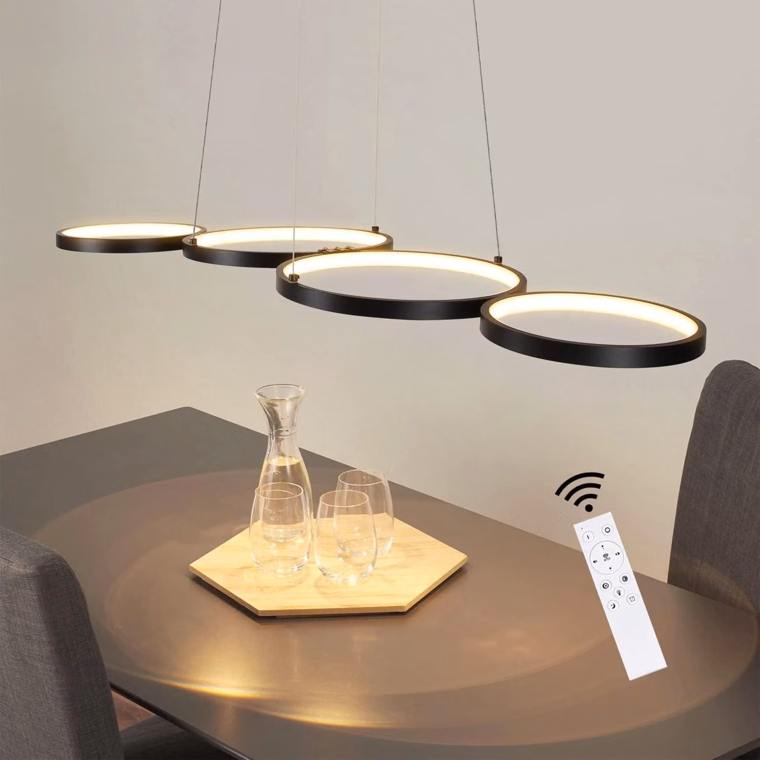 ZMH LED Lampada a sospensione dimmerabile con telecomando Lampada da tavolo da pranzo Tavolo da pranzo Anello nero Altezza regolabile Soggiorno Ufficio Sala da pranzo Camera da letto Studio
