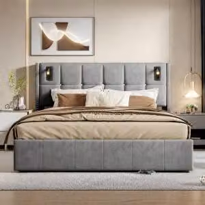 UnboxG Letto imbottito 140x200cm, letto matrimoniale, testata con vano contenitore, illuminazione a LED sulla testata del letto, con vano contenitore idraulico, lino, grigio