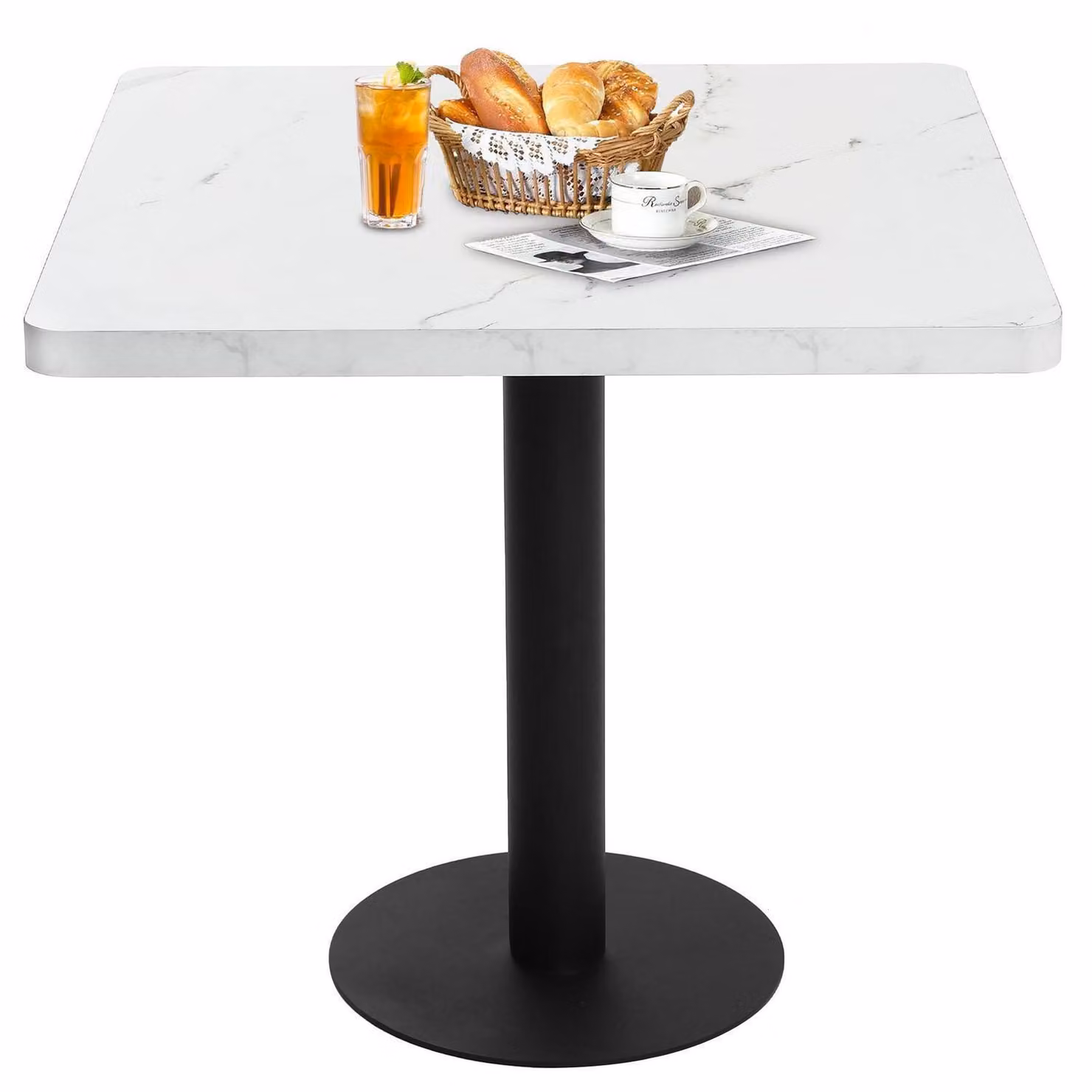 Tavolo quadrato da pranzo, 80x80 cm, bianco, aspetto marmo, struttura in metallo, piano in MDF
