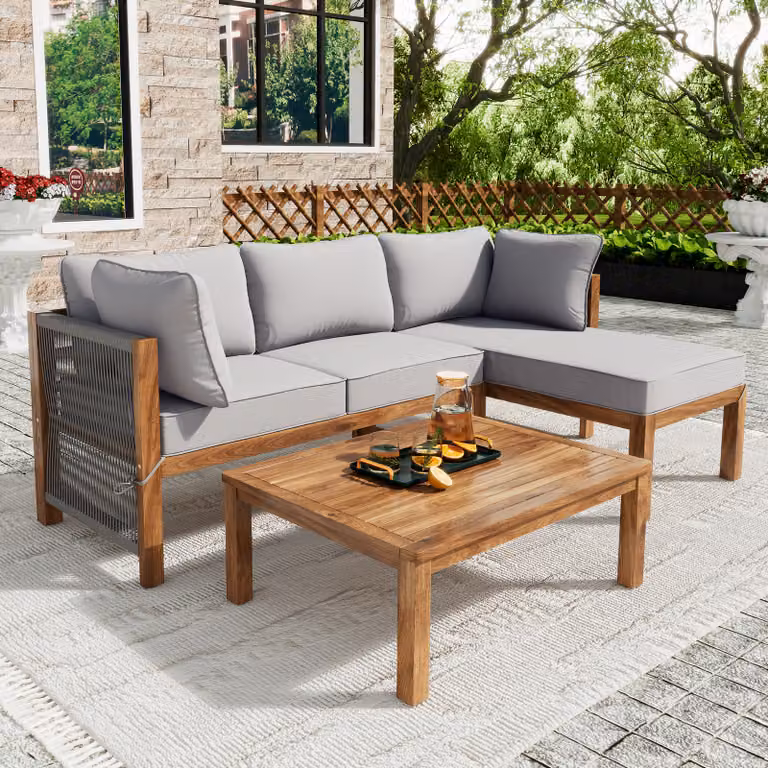 Flieks Set di mobili da giardino 3 pezzi, set di mobili da patio con tavolo da giardino, cuscini, set di mobili da balcone per piccoli balconi, set di mobili da giardino in legno di acacia, grigio