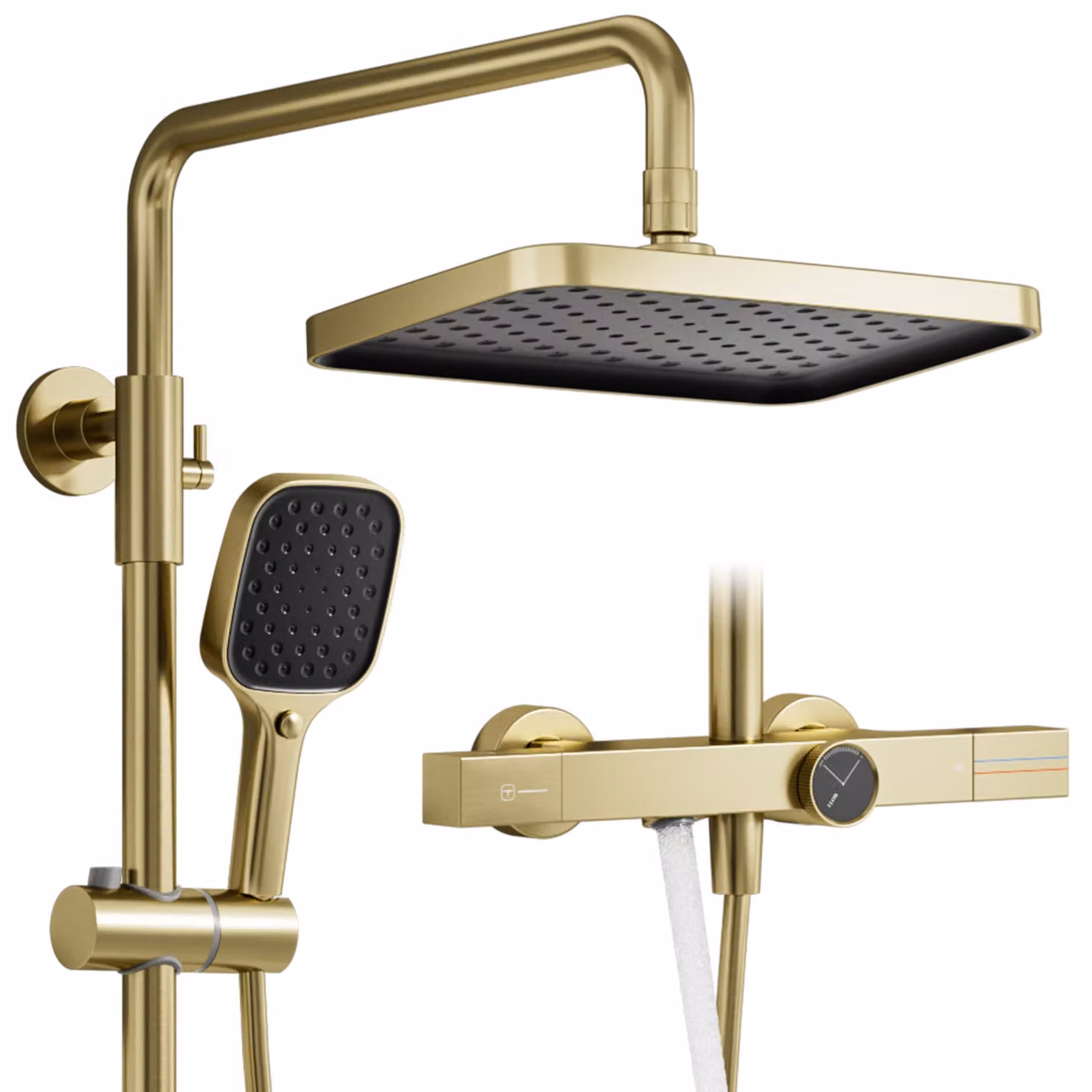 Colonna doccia termostatica, finitura oro spazzolato, ottone, dimensioni 283x193 mm