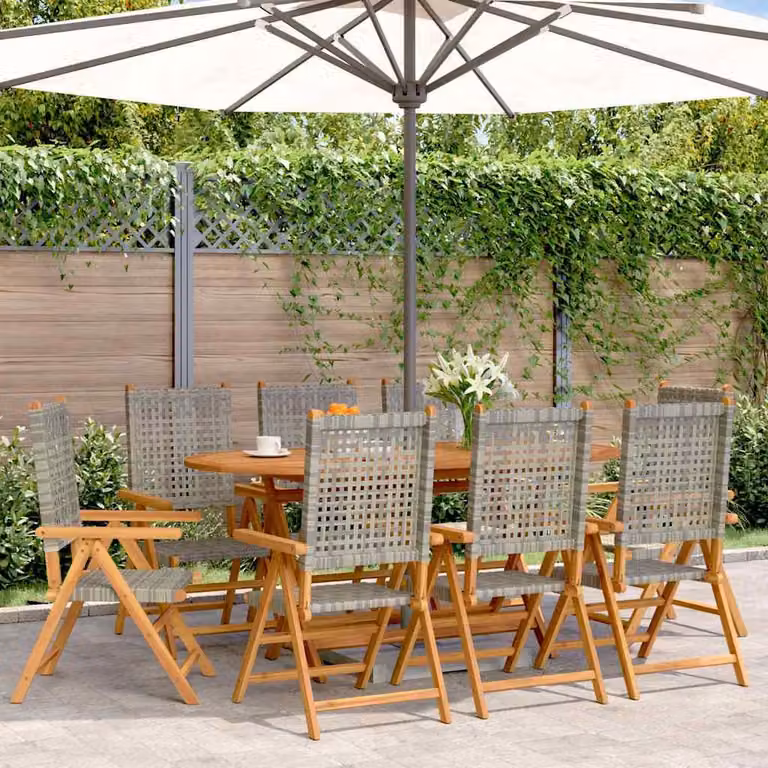 Set di 8 sedie da giardino reclinabili vidaXL in polyrattan grigio e legno di acacia oliato con cuscini e braccioli