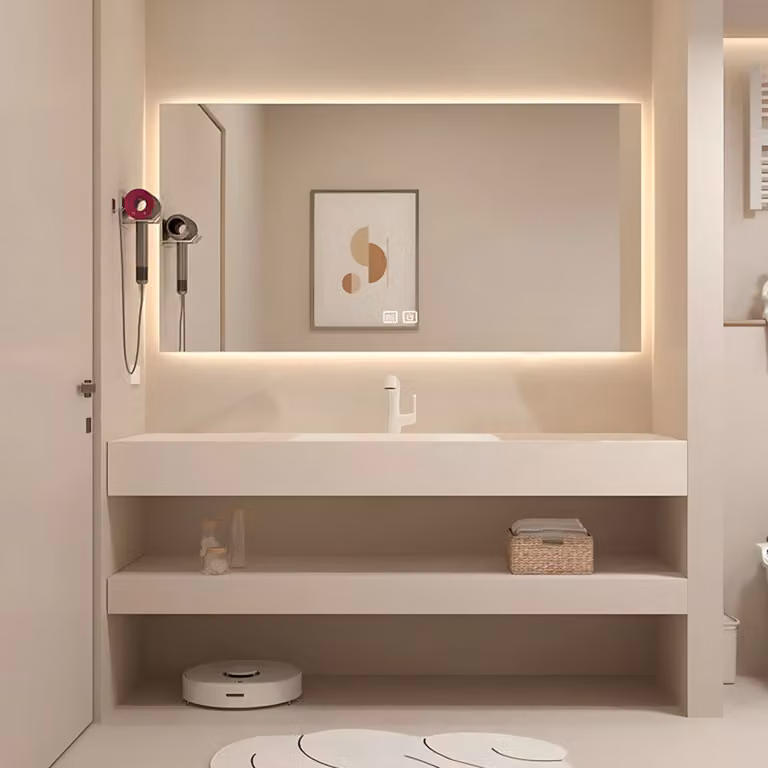 360Home Mobile da bagno con lavabo e specchio in beige Lavabo in Vetroceramica con ripiano 130 cm