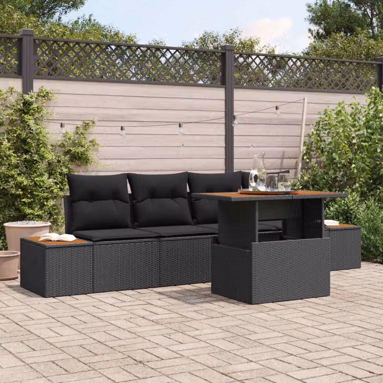 Set Divano da Giardino vidaXL 5 Pezzi in Polyrattan Nero con Cuscini e Contenitore per Archiviazione