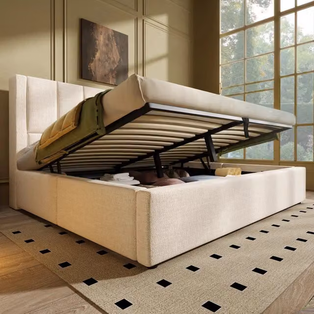 Letto contenitore Mivray imbottito in lino beige con portabicchieri e ricarica USB Type-C L/P/H: 160 x 200 x 115 cm – 1