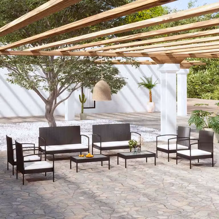 Set da giardino vidaXL composto da 8 pezzi con divani da esterno, tavolino da caffè e cuscini in rattan nero e bianco