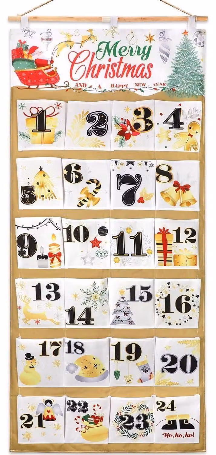 Calendario dell'Avvento grande, in tessuto, riutilizzabile, con 24 sacchetti neri, dorati e argentati