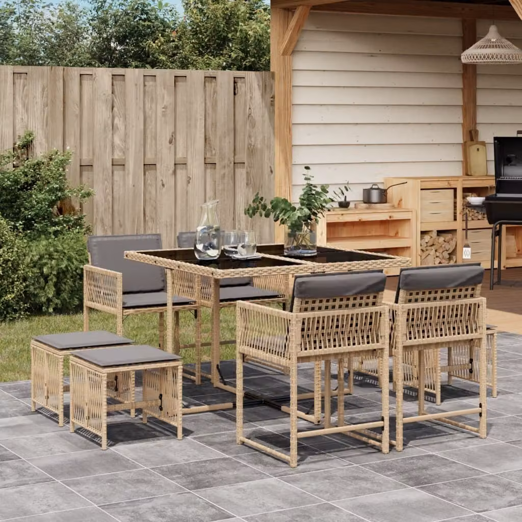 Maison Exclusive - Set Pranzo da Giardino 9 pz con Cuscini Beige Misto Polyrattan