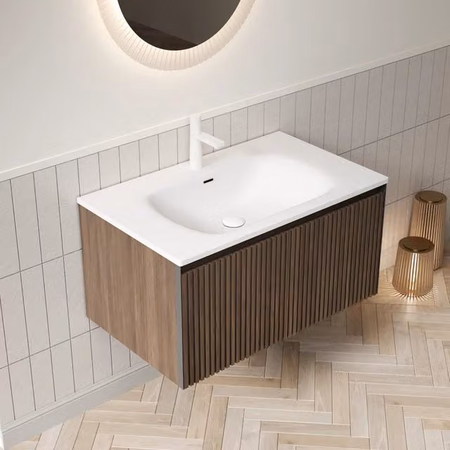 Mobile bagno sospeso con lavabo integrato bianco e cassetto scanalato effetto rovere marrone