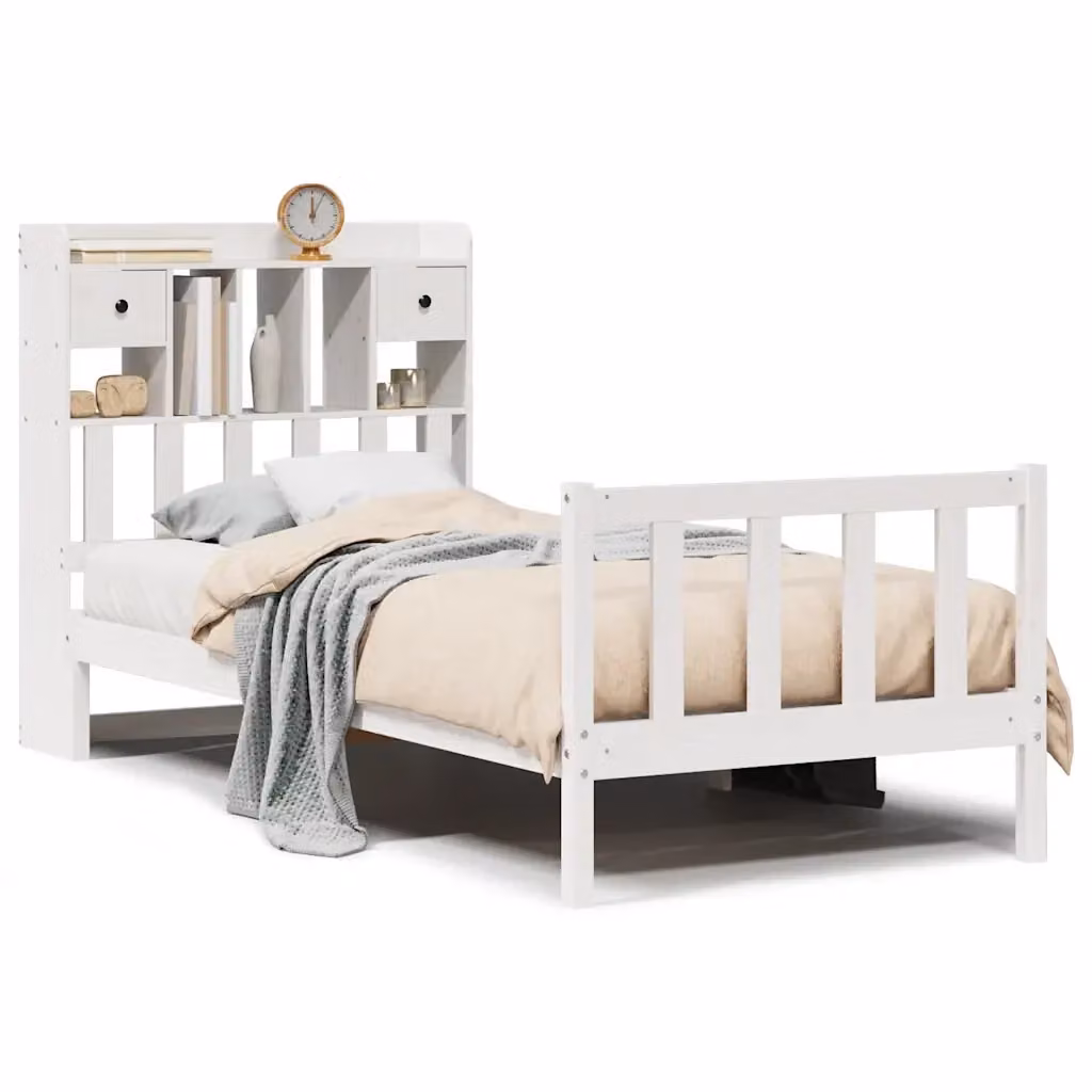 Letto Libreria VIDAXL in Legno di Pino Massello Bianco con Cassetti L/P/H: 90 x 190 cm – 2