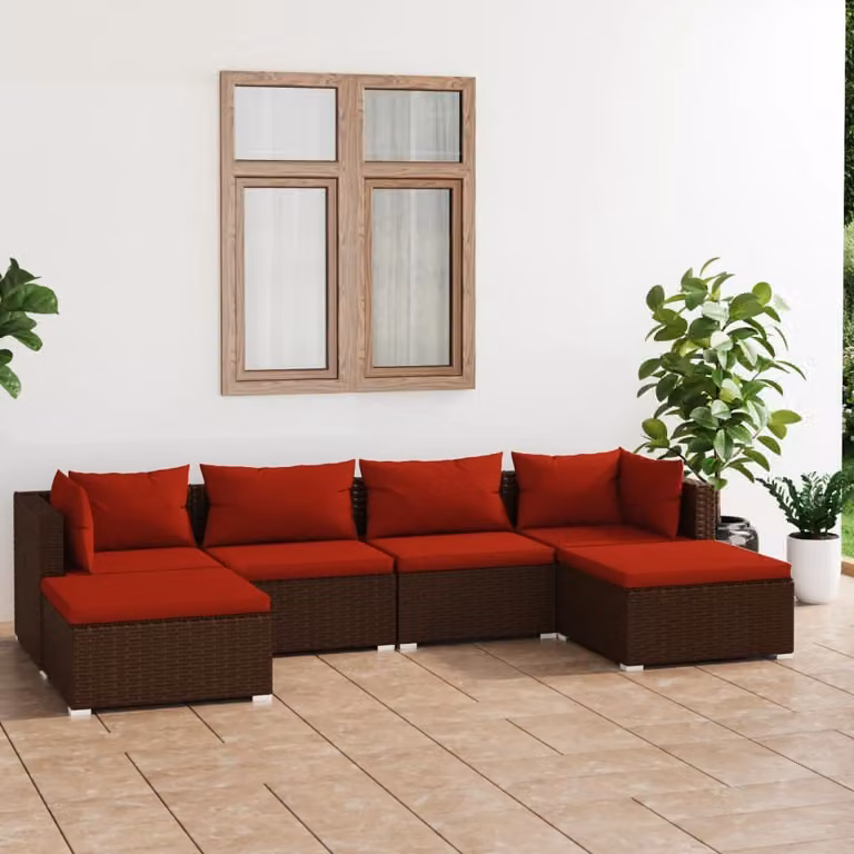 The Living Store Set da giardino da 6 pezzi con cuscini in poly rattan marrone