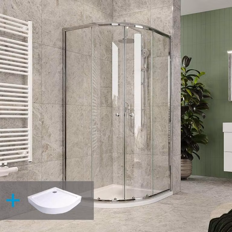 Mereo Set doccia in Kory Lite, quarto di cerchio, 80 cm, cromo ALU, vetro Clear e piatti alti SMC incl. sifone - CK35133ZH