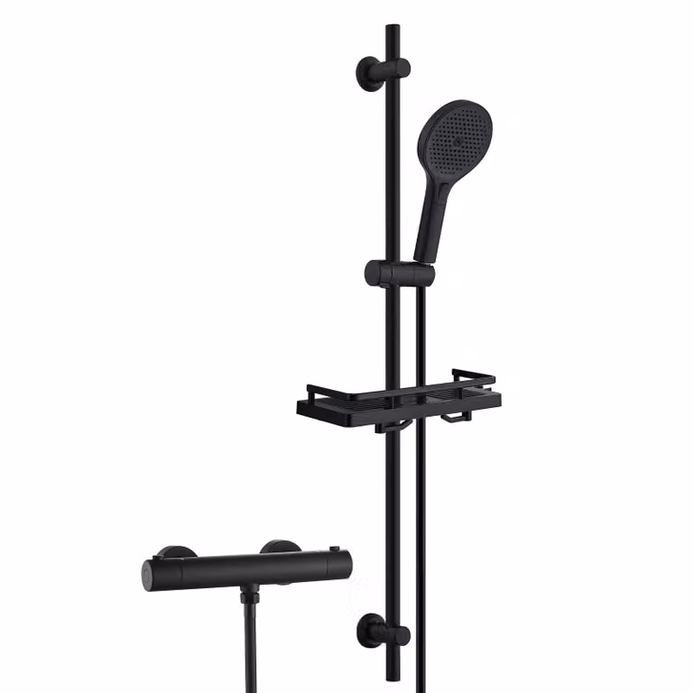 Sistema doccia in acciaio inossidabile JOHO con rubinetteria, set con barra doccia, termostato, doccetta, flessibile e barra doccia da 100 cm con ripiano, nero