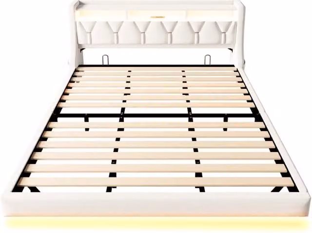 Letto matrimoniale Chicfurn in velluto beige con testiera ripiegabile, luci LED, porte USB e Type-C e ripiani laterali, L/P/H: 180 x 200 x 126 cm