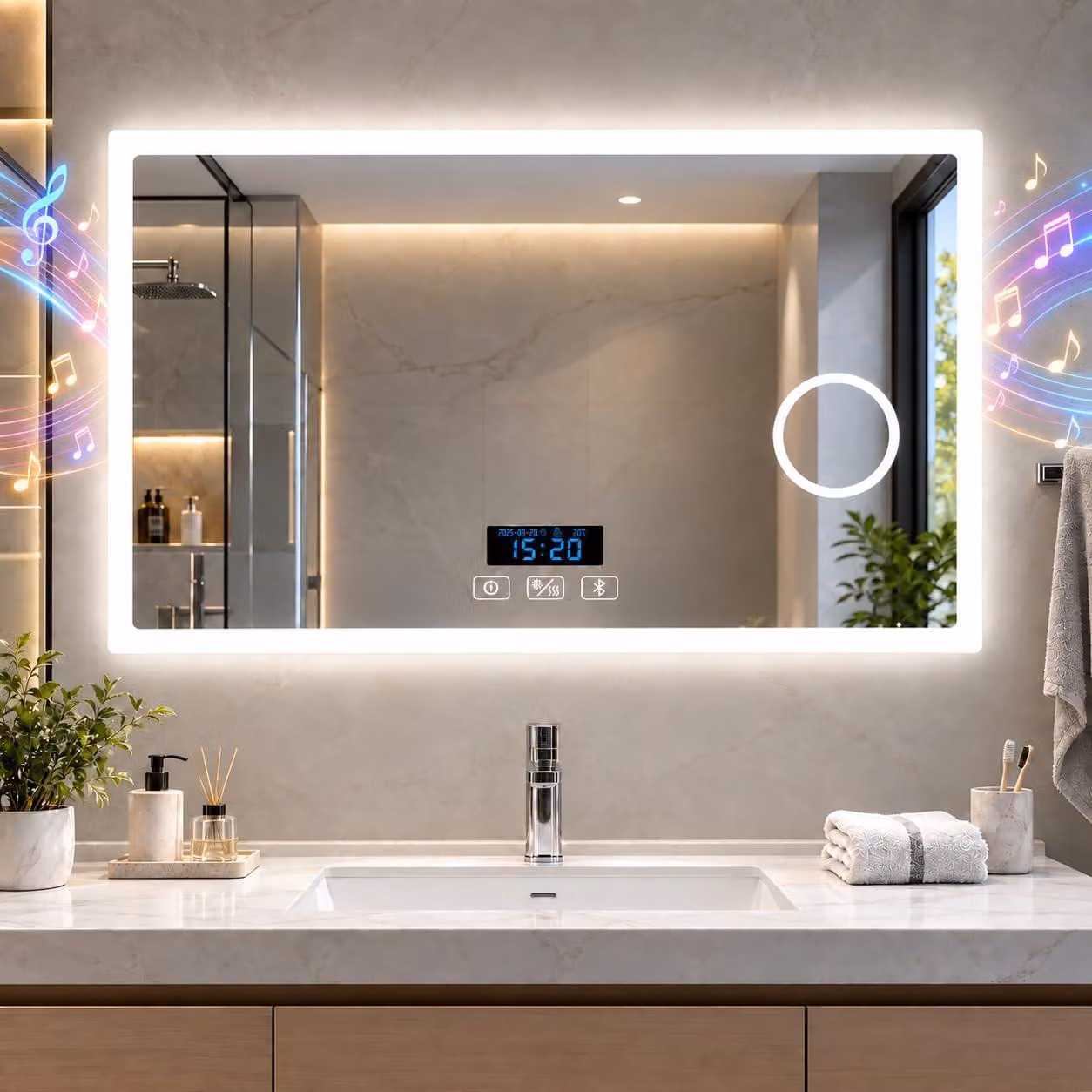 Specchio da bagno a LED con Bluetooth, dimensioni 100x70 cm, specchio triplo, orologio, 3 colori di luce