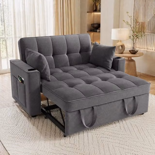 Divano letto 3 in 1 in velluto grigio 137x76;5x83 cm; con 2 cuscini e portabicchieri