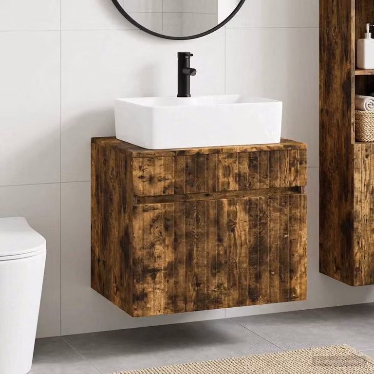 Set di mobili per il bagno moderno vidaXL in legno MDF color rovere fumo marrone con cassetti e ripiani a giorno, sospeso, L/P/H: 59,0 x 44,5 x 50,0 cm