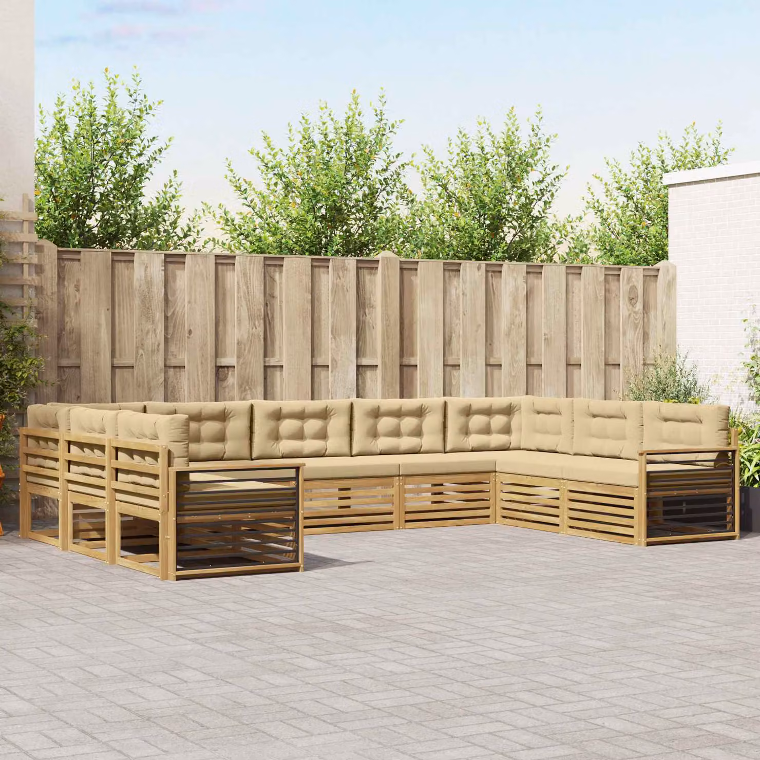 Set di divani da esterno vidaXL a forma di U in legno di acacia con cuscini, Bianco e Beige