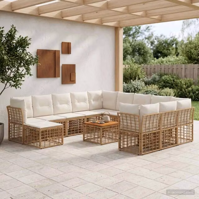 Set di divani da esterno 13 pz 12-Posti Naturale e Bianco Crema 3437632