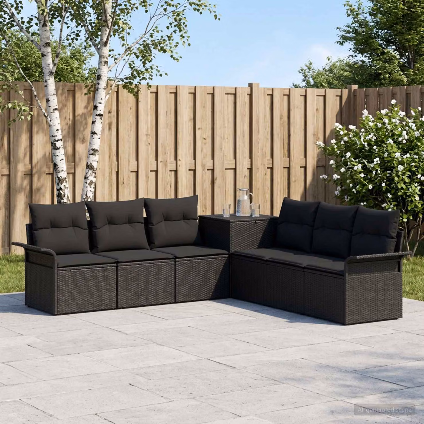 Set di divani da giardino vidaXL a forma di L composto da 7 pezzi in rattan sintetico e metallo, colore nero