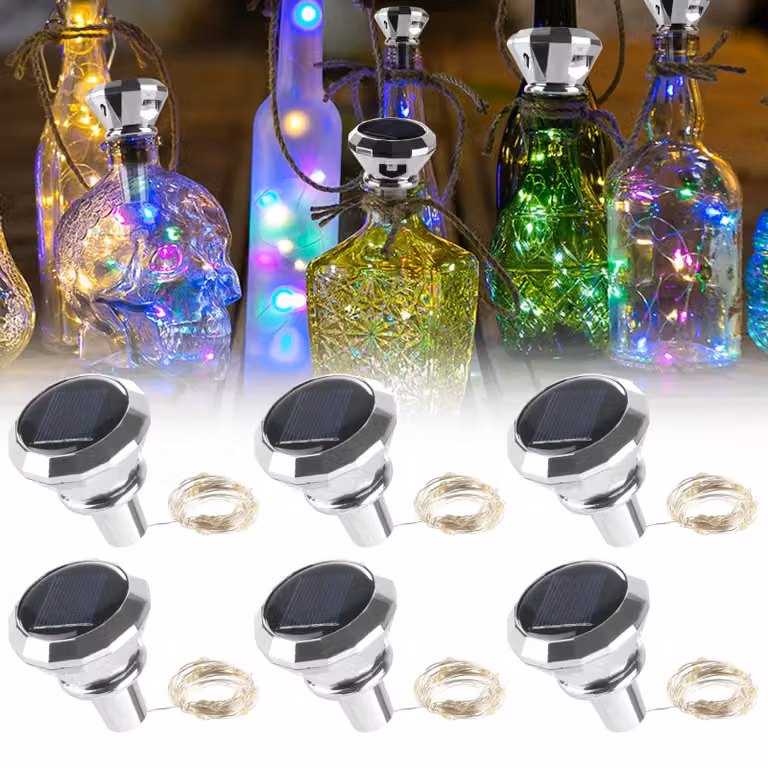 Luci solari a forma di bottiglia, confezione da 6, 20 LED, 2 metri, multicolore, impermeabili
