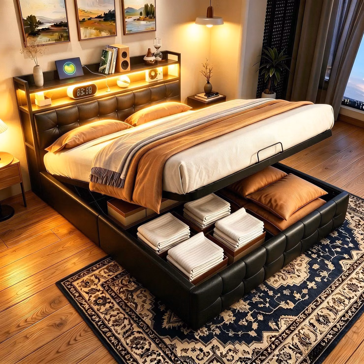 Letto Moonbite con contenitore, dimensioni 140x200 cm, rivestito in ecopelle nera, con illuminazione RGB controllabile tramite app, meccanismo a gas, porta USB di tipo C, capacità di carico fino a 350 kg