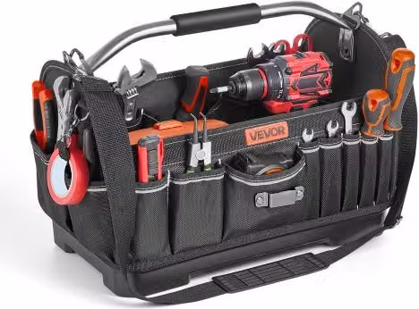 Borsa Portautensili Aperta VEVOR in Poliestere Nero con 33 Tasche, Organizer Portatile con Base in Plastica e Tracolla Regolabile, Larghezza: 41 cm